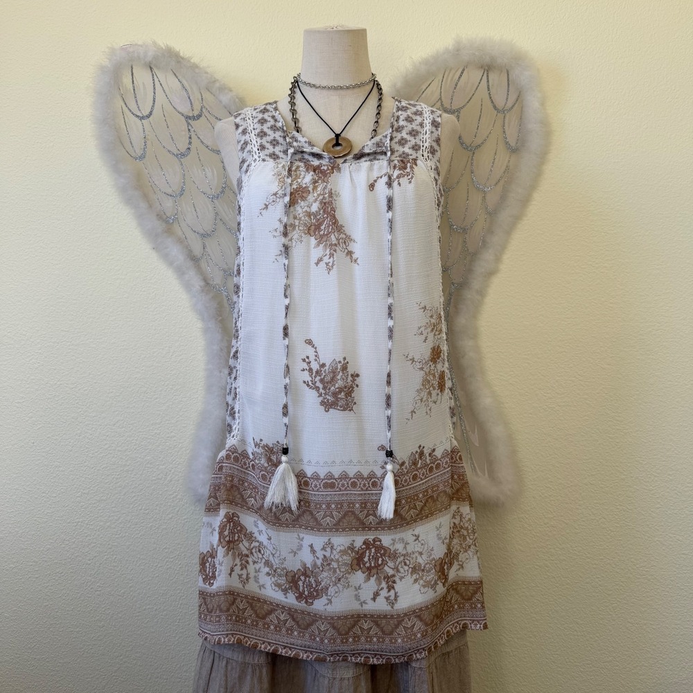 Whimsy twee White Brown Floral Boho Sleeveless Tunic‎ Top Dress S Mini Retro